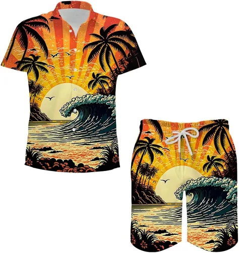 Arssm Conjunto de 2 piezas de camisas y pantalones cortos vintage para hombre de los años 80 y 90, traje de playa con botones, secado rápido, para