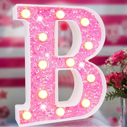 Miniatura 9 de Letras rosas iluminadas, letras del alfabeto con purpurina, letras LED de marquesina, que funcionan con pilas, para iluminar por la noche