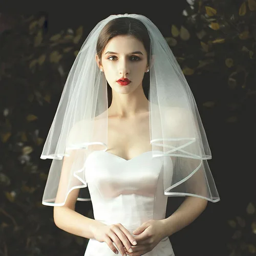 Miniatura 2 de auwiyd Velo de novia corto velo de boda con borde de satén con peine para mujeres y niñas, velo de borde de cinta de 2 niveles para boda, despedida