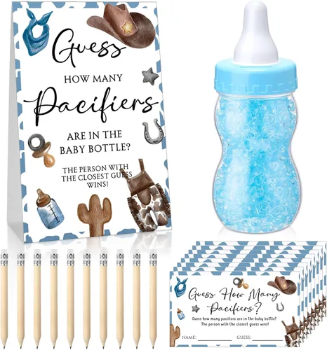 Miniatura 31 de Roowest 512 piezas de juegos de baby shower Adivina cuántos chupetes letrero, 100 pequeños juegos de adivinanzas, 10 lápices HB, botella de leche