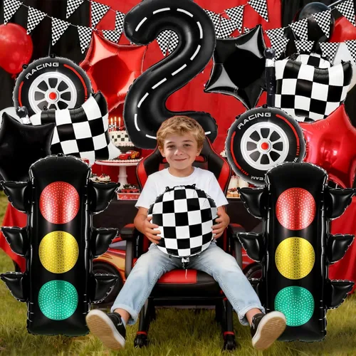 Miniatura 5 de Decoraciones de fiesta de cumpleaños de auto de carreras, globo negro número 2 de 40 pulgadas, globo de aluminio para decoración de cumpleaños