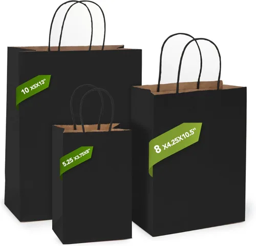 Miniatura 4 de MESHA Bolsas de regalo negras de 5.25 x 3.75 x 8 pulgadas, pequeñas bolsas de papel kraft con asas a granel, paquete de 100 para pequeñas empresas