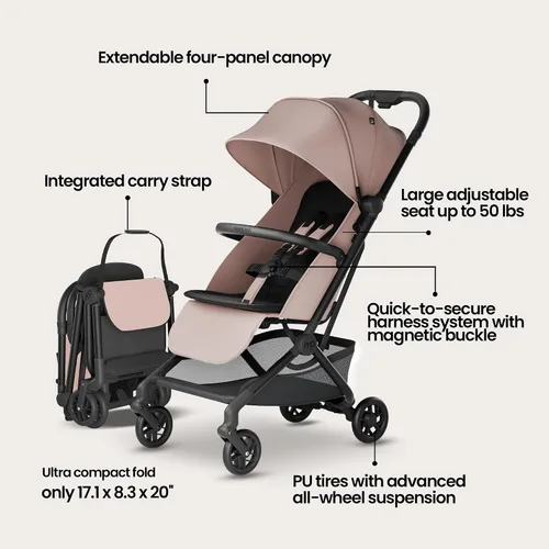 Miniatura 3 de Mompush Velo - Cochecito de viaje ligero, compacto y apto para aviones para bebés y niños pequeños, asiento reclinable completamente plano, plegable