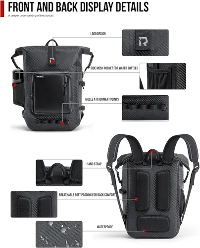 Miniatura 3 de RIDEIRON Mochila impermeable para motocicleta, bolsa seca con cierre superior enrollable para kayak, viajes, surf, canotaje, pesca, campamento Fibra