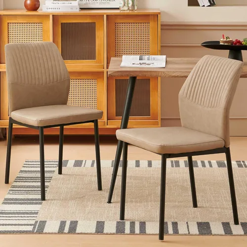 Miniatura 19 de Juego de 4 sillas de comedor de piel sintética marrón, cómodas sillas de cocina tapizadas sin brazos con patas de metal negro para sala de estar