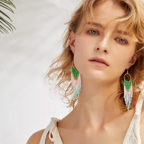 Miniatura 4 de Aretes de borla hechos a mano, aretes de cuentas de semillas, aretes bohemios con flecos para mujeres y niñas
