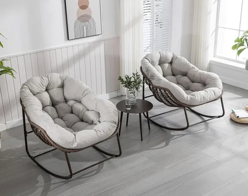Miniatura 12 de Juego de 2 mecedoras para exteriores, silla mecedora de huevos de mimbre de gran tamaño, para interiores y exteriores, cómoda silla mecedora con Gris