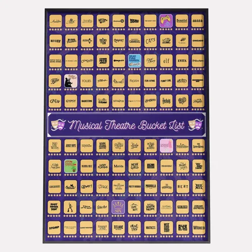 Póster para raspar con 100 espectáculos de teatro musical, regalo para fanáticos del teatro musical y amantes de Broadway, 23 x 17 pulgadas