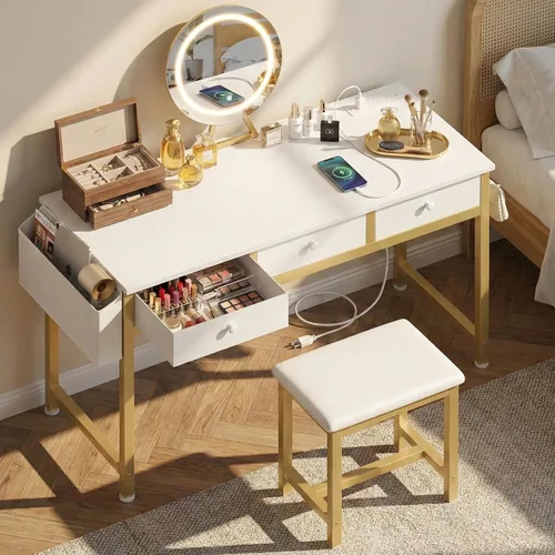 Miniatura 11 de Pequeño escritorio de maquillaje con luces, juego de tocador para niñas de 31 pulgadas con espejo y silla, tocador de maquillaje con cajones y toma