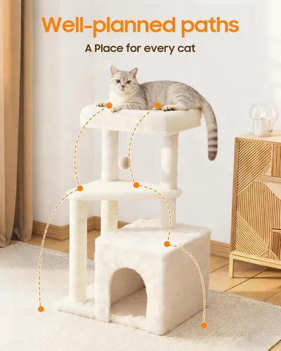 Miniatura 6 de Torre de árbol para gatos de interior, condominio para gatos de varios niveles de 33 pulgadas con postes rascadores, percha grande, juguete colgante