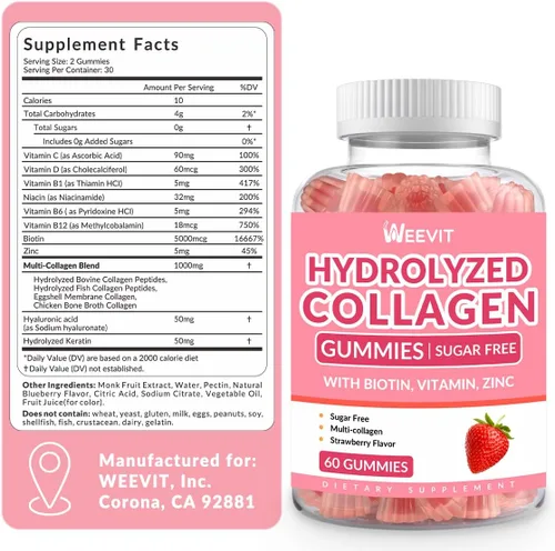 Miniatura 2 de Gominolas de colágeno sin azúcar para mujeres, proteína de colágeno tipo I, II, III, V, X con biotina, vitamina C, D, B12, gomitas de péptidos