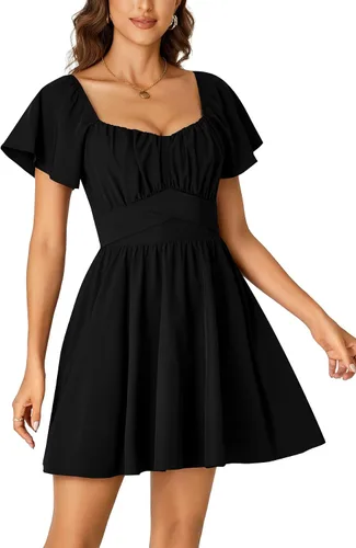 Miniatura 4 de Rooscier Minivestido acampanado de manga corta con volantes, cuello cuadrado, envolvente y espalda anudada para mujer