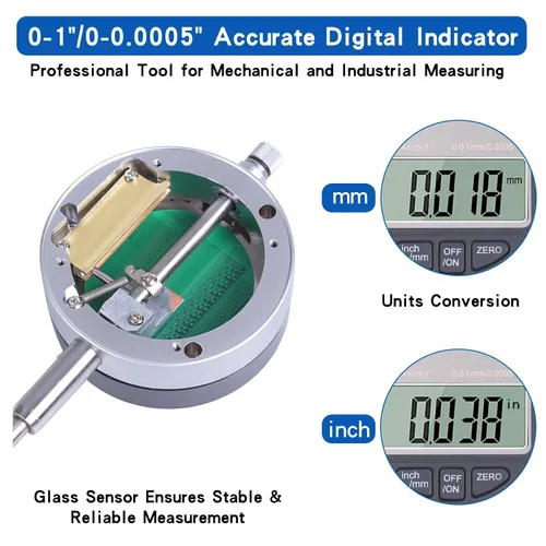 Miniatura 2 de Indicador de esfera digital electrónico con base magnética ajustable de precisión, brazo largo 0-1" / 25.4mm, conversión de pulgadas/metros, medidor