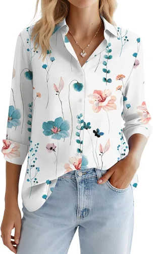 Miniatura 38 de LOMON Camisa de Botones para Mujer Tops de Primavera Verano Manga Larga Negocios Elegante Casual Blusas con Cuello Conjuntos de Trabajo Ropa