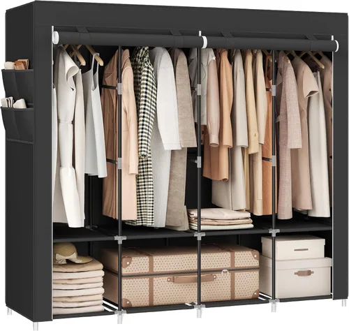 Miniatura 12 de SONGMICS Armario portátil, Organizador de armario con cubierta, 2 barras para colgar y estantes, 4 bolsillos laterales, 33.9 x 17.7 x 65.7 pulgadas