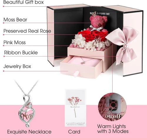 Miniatura 3 de AddWel Regalos para el Día de la Madre, para mamá de hija e hijo, para cumpleaños, rosas reales preservadas con collar de plata de ley con I Love
