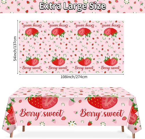 Miniatura 2 de Juego de 3 manteles de fresa de 54 x 108 pulgadas, mantel de plástico desechable para juegos de fiesta de cumpleaños de fresa, decoración, picnics