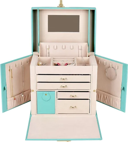 Miniatura 2 de Joyero organizador grande de piel sintética con cajones de espejo con cerradura de regalo para mujer (TF Azul-L)