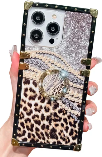 Miniatura 9 de Funda cuadrada de lujo compatible con iPhone 13 Pro Max de 6.7 pulgadas, funda de leopardo brillante, silicona suave y brillante a prueba de golpes
