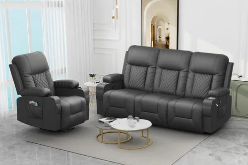 Miniatura 19 de FURNIMAT Sofá reclinable, sofá reclinable doble de 3 asientos, sofá biplaza de piel sintética, moderna silla reclinable para sala de estar, con Negro