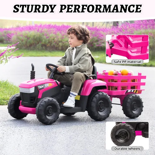 Miniatura 2 de TOBBI - Tractor de juguete a batería de 12 V con remolque color verde, rosado y rojo Rosa Rojo