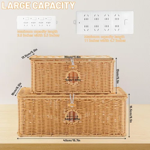 Miniatura 4 de 2 cajas de gestión de cables hechas a mano, organizador de cables de ratán, cajas organizadoras de cables grandes y medianas, cajas de regleta