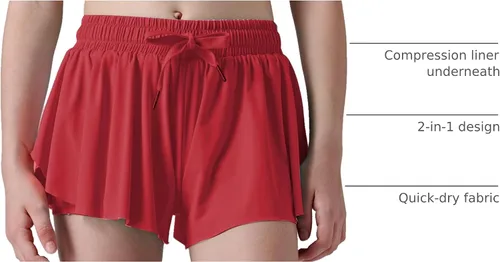 Miniatura 56 de Paquete de 3 pantalones cortos fluidos para niñas con forro de elastano, 2 en 1, faldas de mariposa para jóvenes, para fitness, correr, deportes