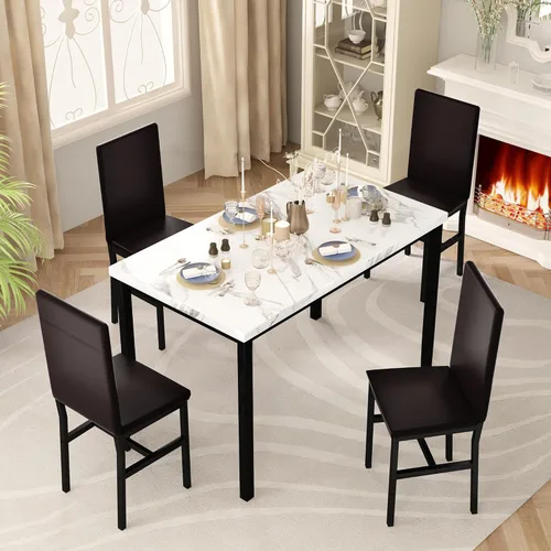 Miniatura 3 de Juego de 4 mesas de comedor para 4, juego de 4 mesas y sillas de cocina de mármol sintético, juego de mesa de comedor moderno con 4 sillas de cuero
