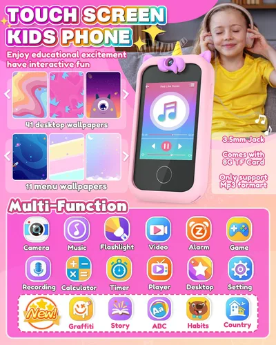 Miniatura 2 de Prysyed - Teléfono de juguete para niños pequeños, pantalla táctil de 3.5 pulgadas, regalos de unicornios de cumpleaños de Navidad para niñas de 3