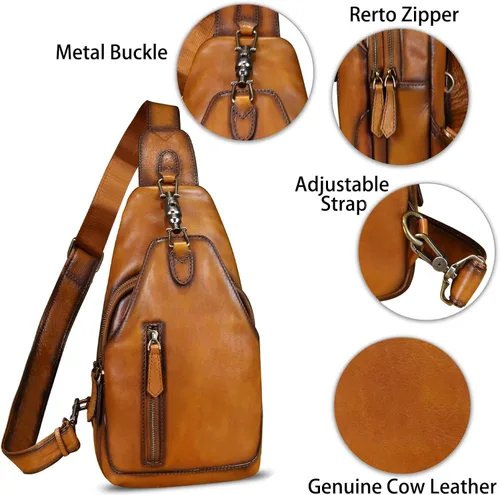 Miniatura 5 de LRTO Bolso bandolera de cuero genuino para hombres y mujeres, bolso cruzado de hombro de cuero real, bolsa de pecho, mochila