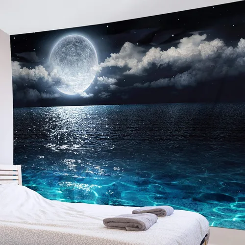 LB Tapiz de cielo nocturno, luna llena en el mar, tapiz para colgar en la pared, tapiz de nube blanca de fantasía, tapiz de acuarela, arte de pared