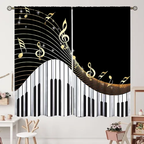Miniatura 35 de Cortinas de notas musicales, rústicas, mágicas, notas musicales, arte retro, piano y violín, cortina con bolsillo para barra para dormitorio, sala