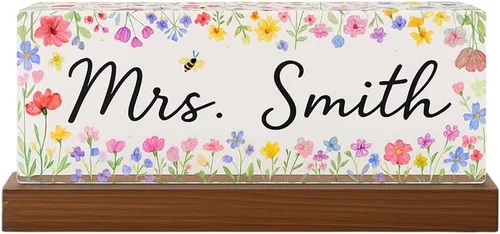 Miniatura 14 de Placa de nombre personalizada para escritorio para profesores, placa de nombre de acrílico personalizada para maestros con base de madera, letrero