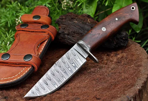 Miniatura 4 de Cuchillo de caza de Damasco hecho a mano con funda de cuero de transporte horizontal, hoja fija de espiga completa para camping, senderismo