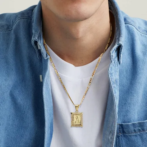 Miniatura 3 de KissYan Collar Figaro con dije y letra inicial para hombres y mujeres collar chapado en oro de 18 quilates con dije de monograma cuadrado letras