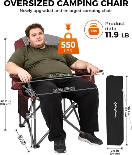 Miniatura 3 de KingCamp Silla plegable de campamento de gran tamaño, resistente 450 libras con soporte lumbar, asiento acolchado con soporte para tazas y bolsa
