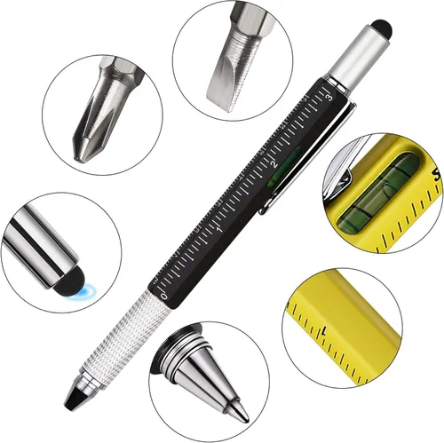 Miniatura 3 de DUNBONG Bolígrafo de metal multiherramienta 6 en 1, con destornillador, tinta negra, lápiz capacitivo, nivel y regla, 1 unidad (negro)