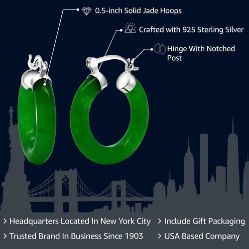 Miniatura 2 de Gem Stone King Aretes de aro de jade verde Plata de ley 925 Diámetro de 1/2 pulgada Aretes de aro clásicos con bisagra y poste con muescas