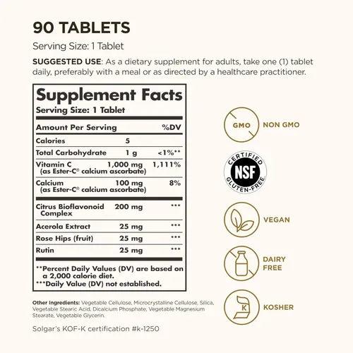 Miniatura 2 de Solgar Ester-C Plus vitamina C (complejo de ascorbato Ester-C) tabletas de 1000 mg , E1052, 1, 1