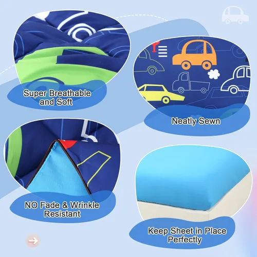 Miniatura 5 de Juegos de ropa de cama para niños pequeños con temática de autos de 4 piezas azules para niños, incluye juego de sábanas y edredón con temática