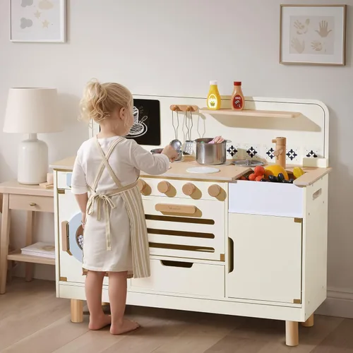 Miniatura 3 de Juego de cocina de madera Pillowhale, juego de cocina grande interactivo con lavadora, horno, cajón y almacenamiento, utensilios de cocina de metal