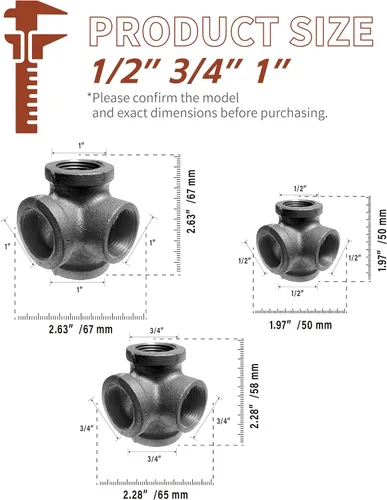 Miniatura 5 de Conector de codo de salida lateral de 4 vías de hierro maleable negro en ángulo recto (paquete de 1) (1 pulgada)