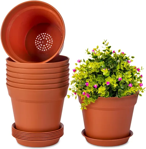 homenote Macetas de 7.5 pulgadas para plantas, macetas de plástico para interiores con múltiples agujeros de drenaje y bandejas, para todas las