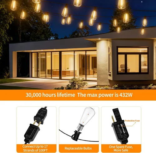 Miniatura 5 de Guirnalda de luces LED para exteriores ST38 de 200 pies, impermeables, con 106 bombillas vintage inastillables (6 de repuesto), luces Edison