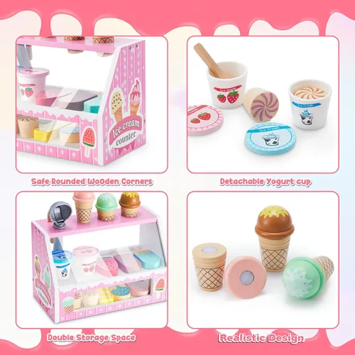 Miniatura 3 de WHOHOLL Juego de mostrador de helados de madera para niñas pequeñas, tienda de juegos, juguete de simulación, accesorios de cocina de juguete