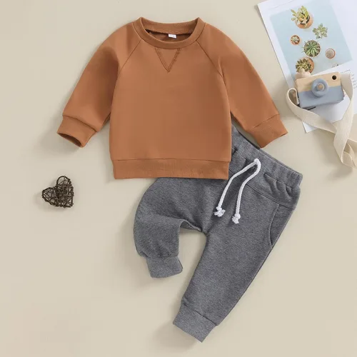 Miniatura 10 de Conjunto de 2 piezas de sudadera de manga larga con cuello redondo y pantalones casuales para bebés y niños pequeños