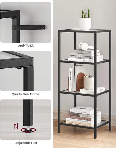 Miniatura 6 de VASAGLE - Librero, estantería de 4 niveles, estantería delgada para dormitorio, baño, oficina en casa, vidrio templado, marco de acero, negro mate