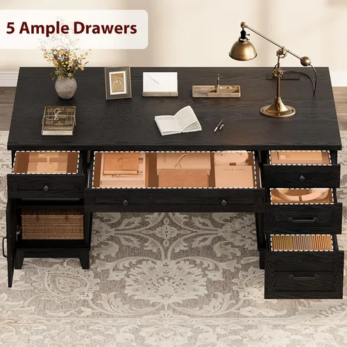Miniatura 5 de GarveeHome Escritorio ejecutivo de granja con cajones de archivos, escritorio de oficina en casa de 60 pulgadas con estación de carga, escritorio