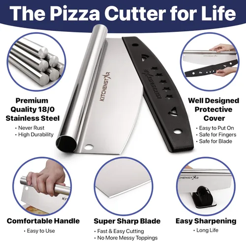 Miniatura 3 de KitchenStar Cortador de pizza de 12 pulgadas con cuchillo basculante - Cuchillo de acero inoxidable afilado, cubierta protectora, apto para Plateado