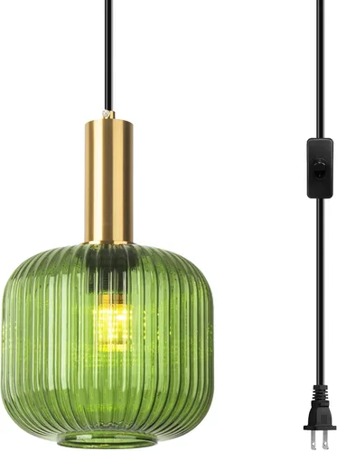 Miniatura 14 de Lámparas colgantes de esquina vintage para sala de estar, lámpara colgante de vidrio acanalado ámbar con cable enchufable, lámpara colgante bohemia